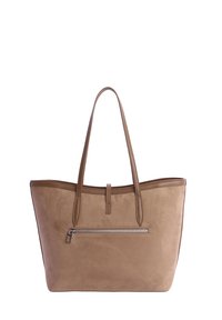 Bolso tote de ante beige con dos asas largas y un bolsillo delantero con cremallera horizontal, diseñado para uso casual o profesional.