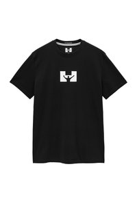 Schwarzes Baumwoll-T-Shirt mit einem weißen grafischen Design einer Person mit erhobenen Armen in einem stilisierten Rechteck. Kurze Ärmel und Rundhalsausschnitt.