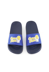 Navy blue slide sandals featuring a wide blue strap with a yellow basketball and text "Champion." Textured footbed for grip and comfort.