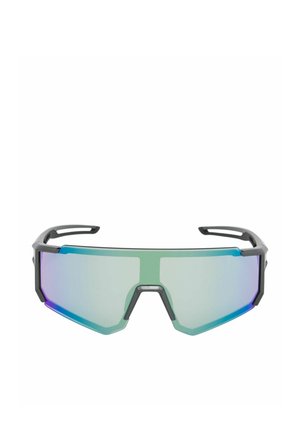 Sport-Sonnenbrille mit Umschluss, grünlich verspiegelt, mit schwarzen, eckigen Gestellen und Bügeln.