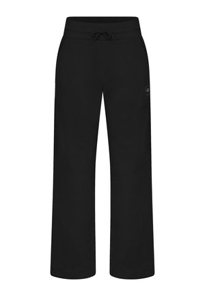 Zwarte joggingbroek met een tailleband met trekkoord, wijd uitlopende pijpen, gemaakt van zachte stof, met een klein logo op het linkerbeen.