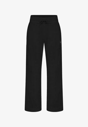 Zwarte joggingbroek met een tailleband met trekkoord, wijd uitlopende pijpen, gemaakt van zachte stof, met een klein logo op het linkerbeen.