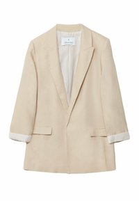 Beige blazer met een notch lapel, twee voorkgarsen en opgerolde mouwen. De binnenvoering heeft een gestructureerd gestreept patroon.