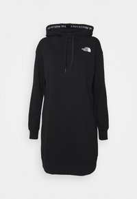 Svart hoodieklänning i en bomullsblandning med avslappnad passform, som har en dragsko i huvan och logotypdetaljer vid bröstet och halsringningen.