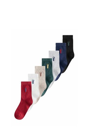 Seven pairs of crew socks in red, white, beige, green, light gray, navy, and black, each with a small lobster logo near the top.