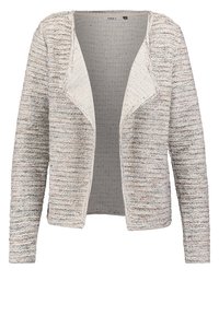 Texturerad, öppen cardigan i ljusgrått med inslag av beige och brunt. Långa ärmar, mjukt stickat tyg och minimala sömmar.