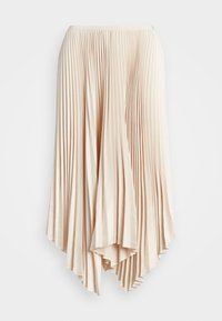 Plisovaná midi sukně z jemné béžové tkaniny, se spadlým lemem a strukturovanými plisováním pro zvýšení textury a pohybu.