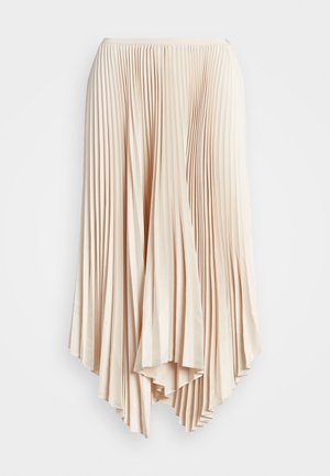 Midi spódnica plisowana z miękkiego beżowego materiału, z wysokim i niskim dołem oraz strukturalnymi plisami dla dodatkowej tekstury i ruchu.