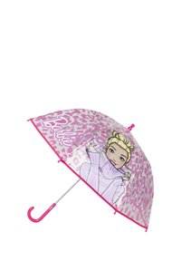 Parapluie en dôme transparent avec des taches de léopard roses, logo Barbie et illustration d'une femme blonde en pull violet, avec une poignée et des finitions roses.