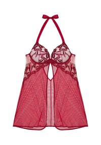 Rød blonde babydoll med broderede blomsterdetaljer, gennemsigtigt stof, dyb udskæring og satinbåndsremme knyttet ved skuldrene.