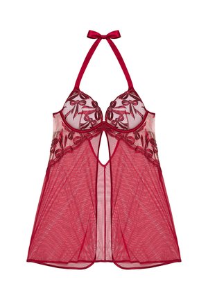 Roter Spitzen-Babydoll mit bestickten Blumenmotiven, transparenter Stoff, tiefer Ausschnitt und Satinbandträger, die an den Schultern gebunden sind.