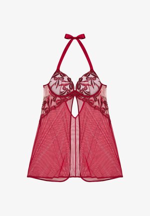 Roter Spitzen-Babydoll mit bestickten Blumenmotiven, transparenter Stoff, tiefer Ausschnitt und Satinbandträger, die an den Schultern gebunden sind.