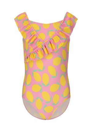 Rosa Einteiler-Badeanzug mit gelbem Zitronenmuster, mit gerafftem V-Ausschnitt und Schulterriemen.