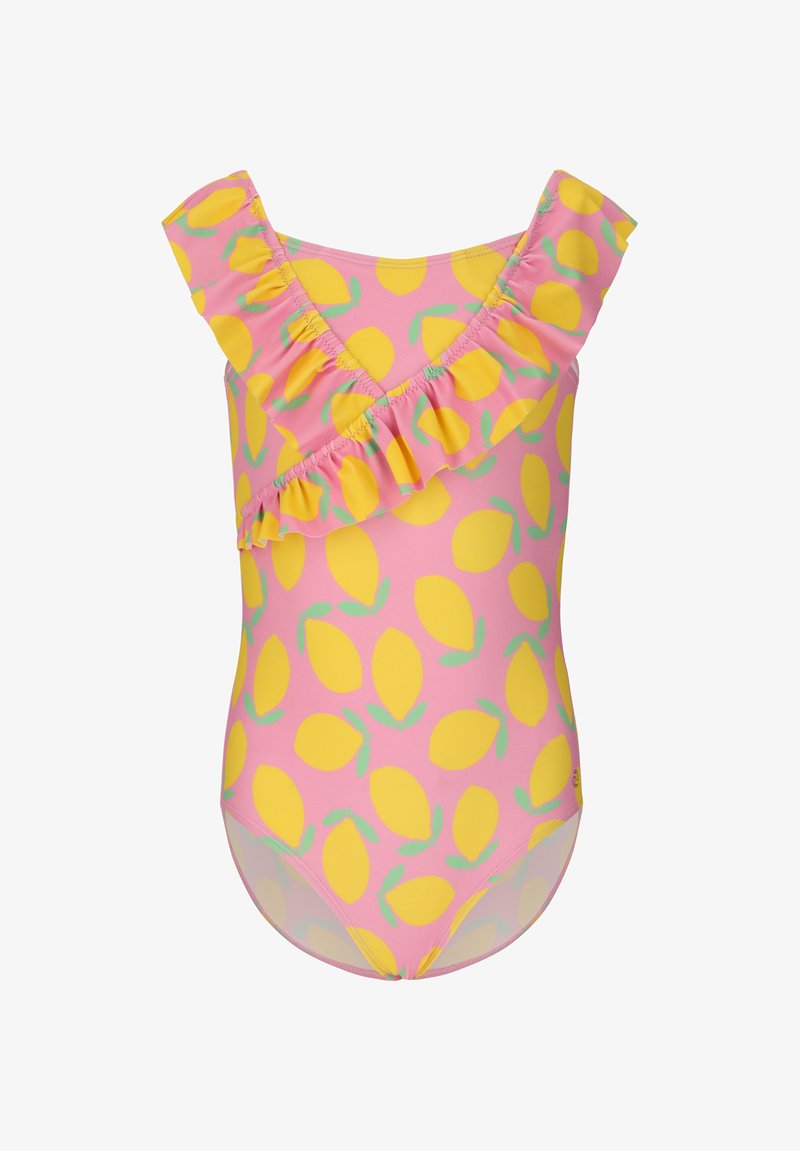 Maillot de bain une pièce rose avec imprimé citrons jaunes, présentant un décolleté en V à volants et des bretelles aux épaules.