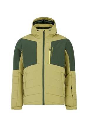 Gevoerde jas in licht olijfgroen met donker groene accenten; voorzien van een ritssluiting, capuchon en borstzak met gele ritssluiting.