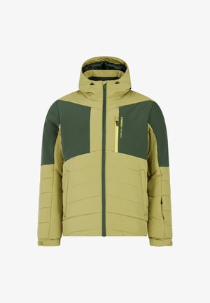 Gevoerde jas in licht olijfgroen met donker groene accenten; voorzien van een ritssluiting, capuchon en borstzak met gele ritssluiting.