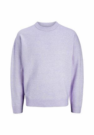 Pull en lilas tricoté avec un col rond, des poignets et un ourlet côtelés, et une coupe décontractée. Texture douce avec un léger éclat.