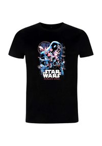 Černé bavlněné tričko s barevným grafickým motivem postav a prvků z "Star Wars: Rogue One," včetně textu ve spodní části.