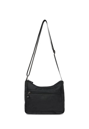 Schwarze Schultertasche mit verstellbarem Riemen, Front-Reißverschlusstasche und Oberteil-Reißverschluss, hergestellt aus strukturiertem Stoff.