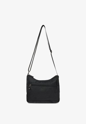 Schwarze Schultertasche mit verstellbarem Riemen, Front-Reißverschlusstasche und Oberteil-Reißverschluss, hergestellt aus strukturiertem Stoff.