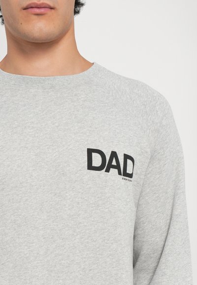 Sivá mikina s okrúhlym výstrihom, so slovom "DAD" v čiernej farbe na ľavej strane hrudníka. Hladká textúra a jednoduchý dizajn.