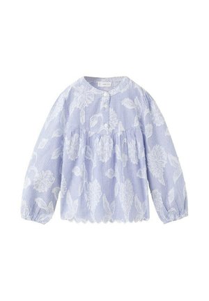 Jasnoniebieska bluzka z długim rękawem w biały kwiatowy wzór, z trzema guzikami na przodzie, marszczoną talią, elastycznymi mankietami i falowanym dołem.