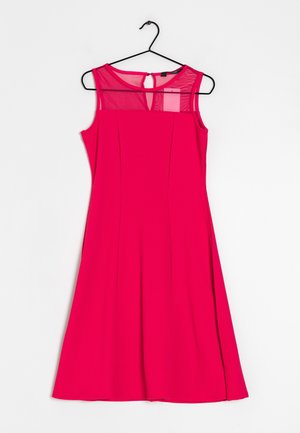 Pink dress with a fitted bodice and A-line skirt, featuring a mesh upper panel and keyhole back detail. Smooth texture, lightweight fabric.