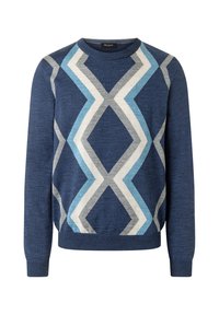 Dunkelblauer Pullover aus weichem Strick mit einem geometrischen Muster aus Rauten in Hellblau, Grau und Weiß. Rippbündchen und Saum. Rundhalsausschnitt.