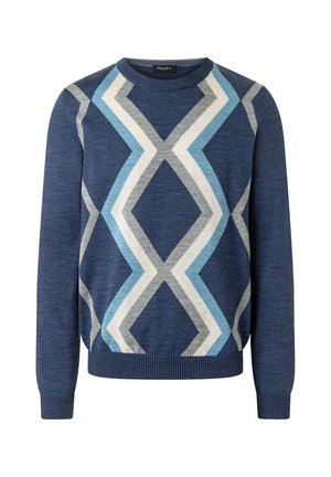 Suéter de punto suave en azul marino con un patrón geométrico de diamantes en azul claro, gris y blanco. Puños y dobladillo acanalados. Cuello redondo.