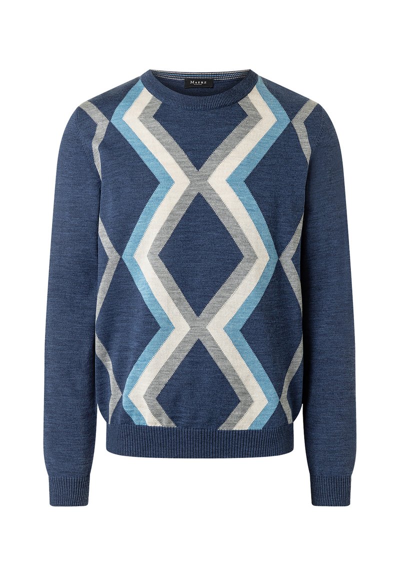 Dunkelblauer Pullover aus weichem Strick mit einem geometrischen Muster aus Rauten in Hellblau, Grau und Weiß. Rippbündchen und Saum. Rundhalsausschnitt.