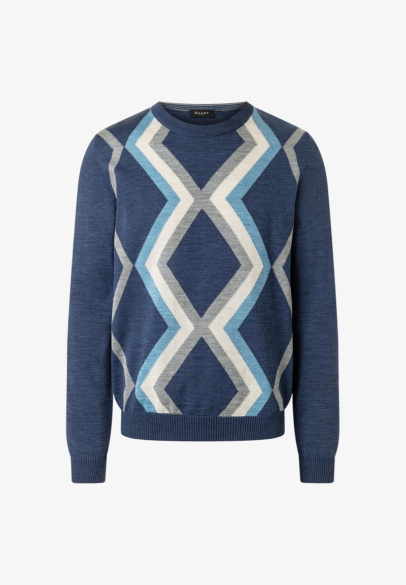 Dunkelblauer Pullover aus weichem Strick mit einem geometrischen Muster aus Rauten in Hellblau, Grau und Weiß. Rippbündchen und Saum. Rundhalsausschnitt.