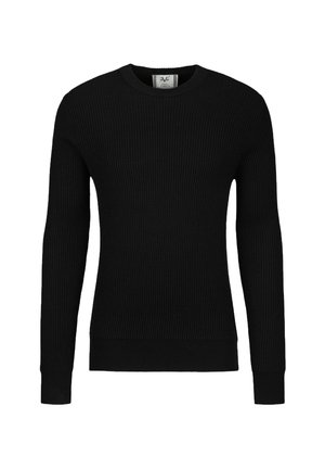 Schwarzer gerippter Langarmpullover mit Rundhalsausschnitt und enganliegenden Bündchen, auf weißem Hintergrund dargestellt.