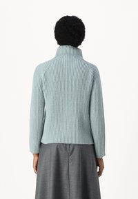 Light blue ribbed turtleneck sweater with long sleeves, featuring a fitted design and a high collar, made of soft knit material.