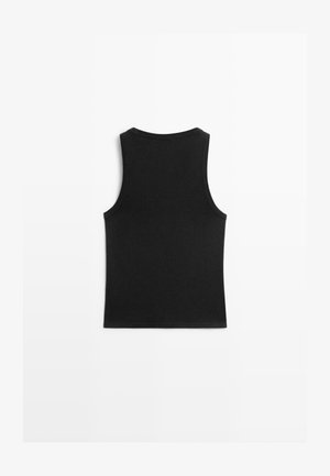 Schwarzes ärmelloses Tanktop flach liegend, zeigt die Rückseite mit rundem Ausschnitt und geradem Saum auf weißem Hintergrund.