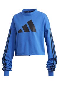 Sweat-shirt court bleu en coton, avec un grand logo noir sur le devant et trois bandes noires le long de chaque manche. Poignets texturés.