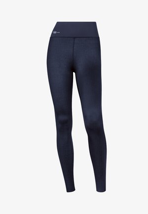 Marineblå leggings med et tekstureret mønster, høj elastisk talje og tætsiddende design, velegnet til aktivt brug eller træning.