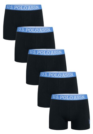 Fünf schwarze Boxershorts mit blauen Taillenbändern, auf denen in Weiß der Text "U.S. POLO ASSN." steht, in einer versetzten Linie angeordnet.