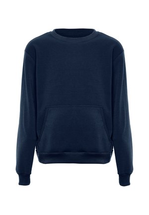 Donker marineblauwe crewneck trui met lange mouwen en een voorvak (kangoeroezak) op een witte achtergrond.
