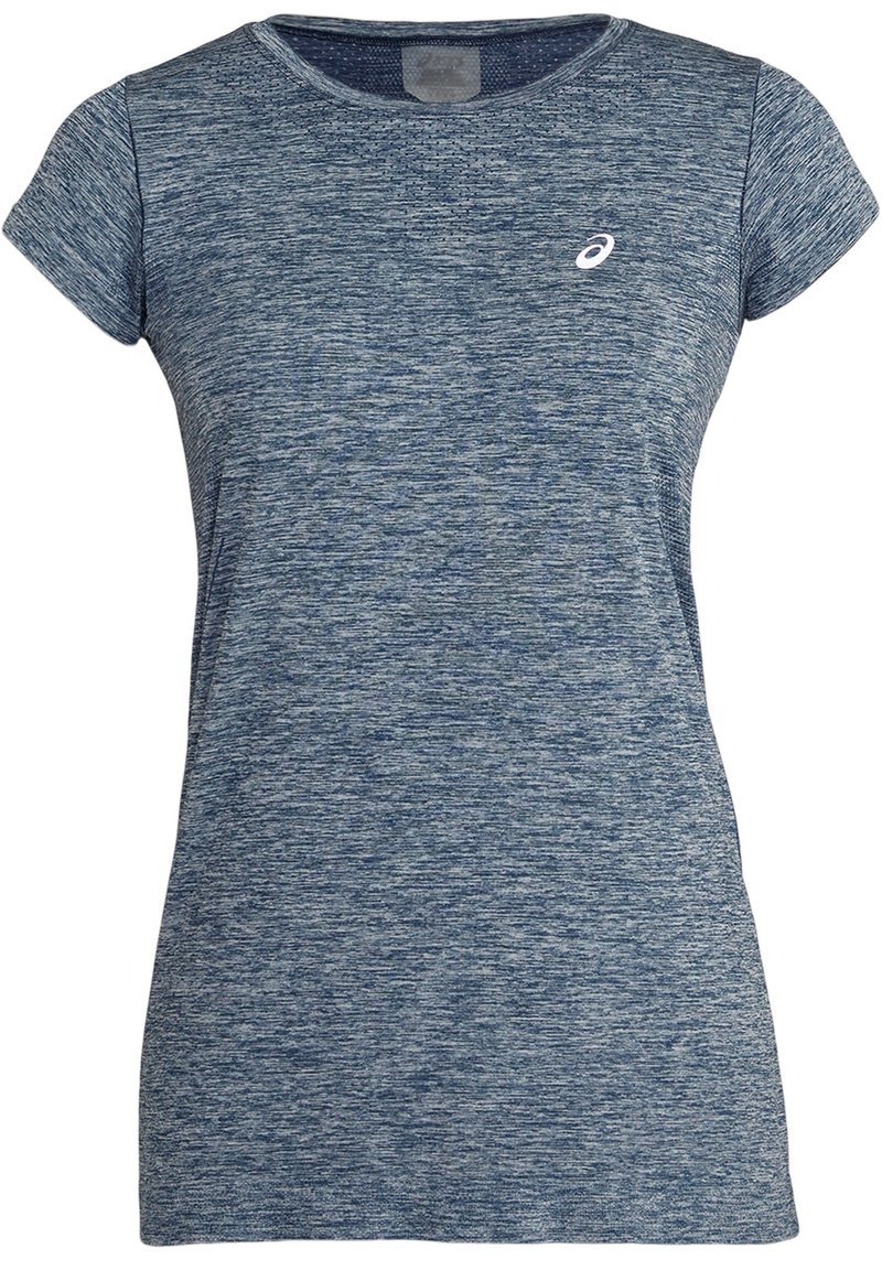 Modrá melírovaná trička s krátkým rukávem vyrobená z lehkého texturovaného materiálu, s kulatým výstřihem a malým bílým logem na hrudi.