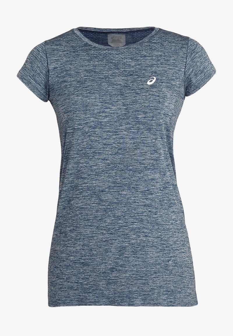 Modrá melírovaná trička s krátkým rukávem vyrobená z lehkého texturovaného materiálu, s kulatým výstřihem a malým bílým logem na hrudi.