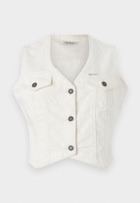 Hvit denim cropped vest med v-hals, fire lommer og sølvfargede trykknapper. Har en tettsittende design og subtile sømmer.