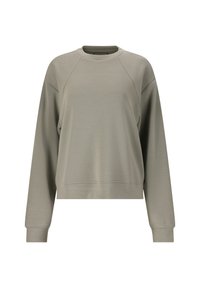 Khaki sweatshirt met lange raglanmouwen, ronde halslijn en een cropped fit. Zachte, gladde textuur met subtiele stikdetails.