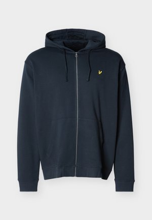 Marineblauer Hoodie mit Reißverschluss, Fronttaschen, Kordelzug an der Kapuze und kleinem, gelbem, gesticktem Vogel-Logo auf der linken Brust.