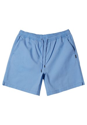 Světle modré plavky vyrobené z lehkého materiálu, s elastickým pasem, šňůrkou a dvěma bočními kapsami.