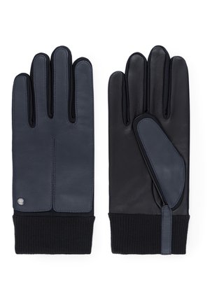 Lederhandschuhe mit einem marineblauen und schwarzen Farbschema, gerippten Strickbündchen und einem kontrastierenden Lederakzent an der Seite für zusätzliche Details.