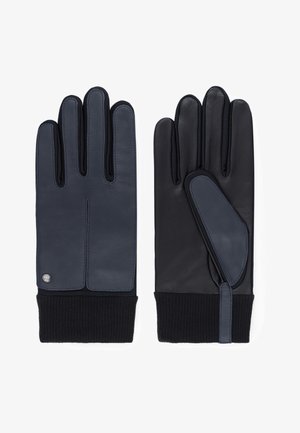 Lederhandschuhe mit einem marineblauen und schwarzen Farbschema, gerippten Strickbündchen und einem kontrastierenden Lederakzent an der Seite für zusätzliche Details.