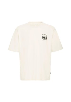 Camiseta blanca de algodón con mangas cortas, cuello redondo y un gráfico frontal en negro con el texto "VERANO ILIMITADO" y un diseño de sol.