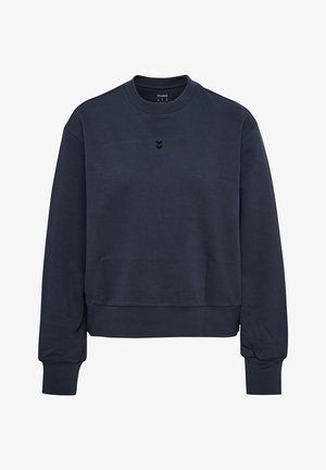 Marineblå langærmet sweatshirt med rund hals og lille sort chevron-logo midt på brystet.
