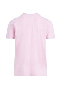 Tricou cu mânecă scurtă din bumbac roz deschis, cu un guler rotund și un design simplu, elegant, fără grafica sau modele suplimentare.
