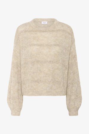 Bézs kötött rövid pulóver hosszú, felfújt ujjakkal és finom vízszintes csillogó csíkokkal, kerek nyakkivágással.